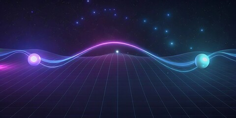 Poster - Two glowing spheres are connected by a vibrant light wave across a digital landscape.