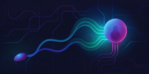 Poster - A digital sperm cell with a glowing head moves towards a larger luminous sphere.