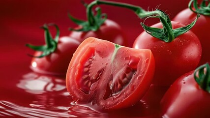 Poster - A close-up shot of a bunch of tomatoes with water splashing on them, suitable for use in culinary or gardening contexts