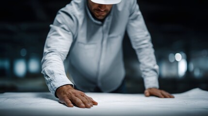 Poster - Industrial engineer reviewing blueprint on table