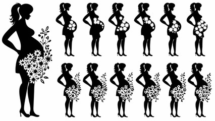 Wall Mural - Silhouettes of pregnant women adorned with flowers in various poses and hairstyles on a white background