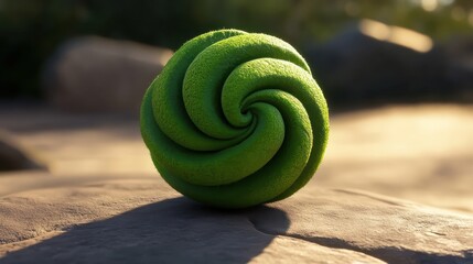 Poster - Green Swirl Sphere on Rocky Surface with Soft Natural Lighting