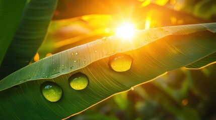 Poster - Morning Sunlight Shining Through Dewy Green Leaves with Water Droplets