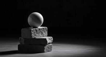 Aufkleber - Minimalist Black and White Composition: Sphere Balanced on Stone Blocks, Dramatic Lighting