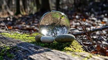 Poster - Reflective Glass Sphere on Mossy Log Surrounded by Pebbles