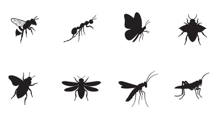 Poster - Vector illustration of black insect silhouettes including bee ant butterfly beetle and mosquito