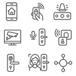 © Vector - Smart Home Safety Icons. Line style icons of smart home safety systems: smartphone with home app, remote lock control, smart alarm