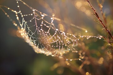 Dew drops on a spiderweb, glistening, delicate, morning light, intricate