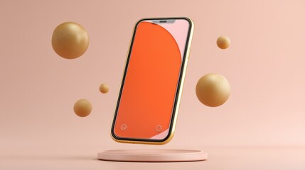 Poster - A modern smartphone floats above a circular pedestal surrounded by textured golden spheres against a soft peach background, futuristic phone holder