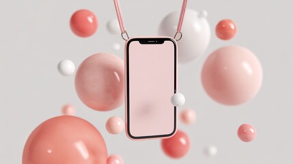 Poster - A smartphone suspended by a strap surrounded by floating pink and white spheres on a soft gray background, futuristic phone holder