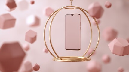 Poster - A modern smartphone suspended inside a golden spherical frame with a soft pink background and floating geometric shapes, futuristic phone holder