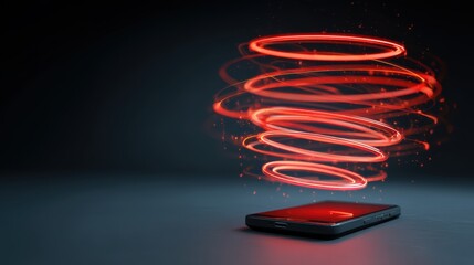 Poster - A smartphone emits swirling red neon light rings, creating a dynamic and futuristic spiral effect above the device against a dark background, futuristic phone holder