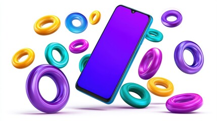 Poster - A modern smartphone with a blue screen surrounded by colorful, floating 3D rings in purple, blue, teal, and orange on a white background, futuristic phone holder