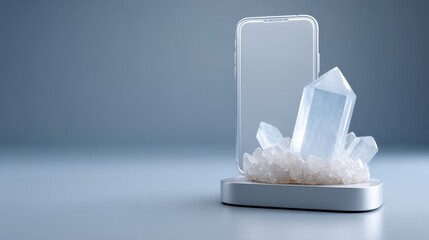 Poster - A modern smartphone standing upright displays large, clear crystals emerging from its base, blending technology with natural mineral beauty on a minimalist surface, futuristic phone holder
