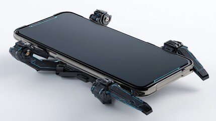 Poster - A smartphone equipped with four attachable gaming triggers designed to enhance mobile gaming controls and precision, futuristic phone holder