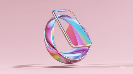 Poster - A sleek smartphone floats above a twisted, colorful, reflective loop against a soft pink background in a modern, futuristic digital art style, futuristic phone holder