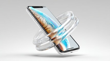 Poster - A modern smartphone with a vibrant screen is encircled by two transparent, intertwined rings, symbolizing connectivity and innovation, futuristic phone holder