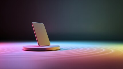 Poster - A sleek smartphone stands upright on a circular platform, surrounded by colorful, concentric light waves in a dark, futuristic setting, futuristic AI phone holder