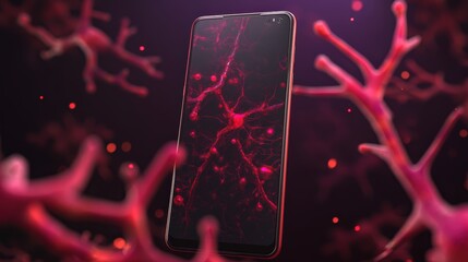 Poster - Smartphone displaying neural network-like red connections, surrounded by similar neuron structures in a dark, sci-fi environment, futuristic phone holder