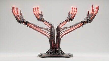 Poster - A futuristic robotic sculpture with three mechanical arms extending upward, glowing red at the fingertips, symbolizing advanced technology and artificial intelligence, futuristic phone holder