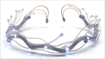 Poster - Futuristic, transparent neural network model with glowing connection nodes and flexible, branching tendrils, symbolizing advanced technology and artificial intelligence, futuristic AI headset