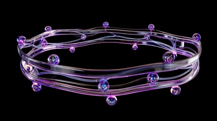 Poster - A transparent, glowing ring with floating spherical bubbles around and within it, set against a black background, futuristic AI headset