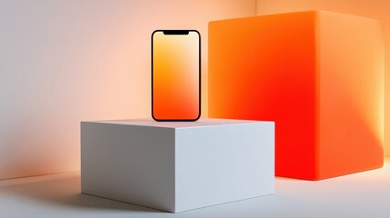 Poster - A smartphone with an orange gradient screen stands on a white pedestal against a backdrop featuring a large orange cube, futuristic phone holder