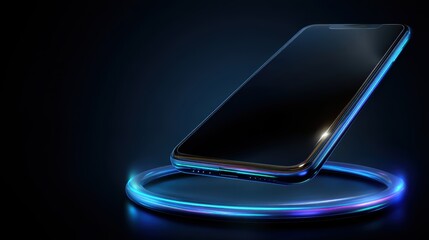 Poster - A sleek smartphone is wirelessly charging on a glowing blue circular pad against a dark background, futuristic phone holder