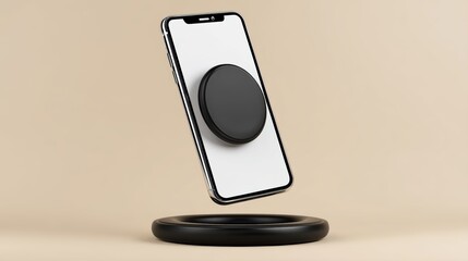 Poster - A modern smartphone is wirelessly charging on a sleek, minimalist black charging pad against a beige background, futuristic phone holder