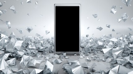 Poster - A sleek smartphone stands upright amid a scattered sea of reflective, metallic, geometric shapes on a silver-gray background, futuristic phone holder