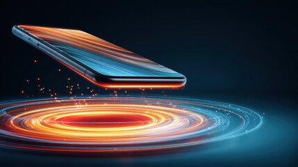 Poster - A sleek smartphone floats above a glowing, circular, digital interface with vibrant blue and orange light trails swirling beneath it, futuristic phone holder