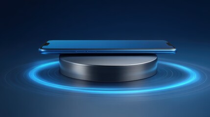 Poster - A sleek smartphone is showcased on a metallic platform with glowing blue circular light rings, emphasizing modern design and advanced technology, futuristic phone holder