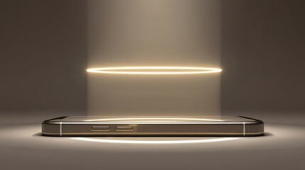 Poster - A sleek smartphone lies flat under a glowing, futuristic circular light beam in a dimly lit minimalist setting.