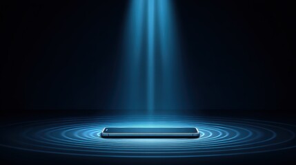 Poster - A smartphone lies on a surface with blue concentric light waves and a vertical light beam illuminating it from above in a dark setting.