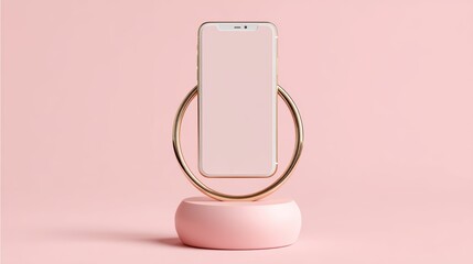 Poster - A modern smartphone is displayed on a minimalist pink stand with a circular metal frame, set against a soft pink background, futuristic phone holder