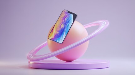 Poster - A smartphone balanced on a pastel pink spherical object with a translucent ring around it, creating a futuristic, planetary-themed display, futuristic phone holder