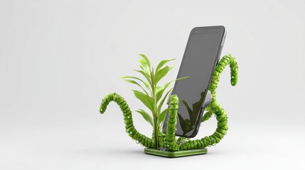 Poster - A modern smartphone is held upright by green, tentacle-like plant vines, blending technology with nature on a clean white background, futuristic phone holder