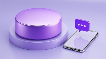 Poster - A sleek smartphone with a purple chat bubble icon next to a large purple button on a round platform, symbolizing digital communication and interaction, futuristic phone holder