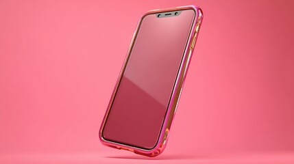 Poster - A modern smartphone with a reflective screen and a pink protective case is displayed against a matching pink background, futuristic phone holder