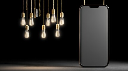 Poster - A modern smartphone stands upright beside hanging vintage Edison light bulbs glowing warmly against a dark background, futuristic phone holder