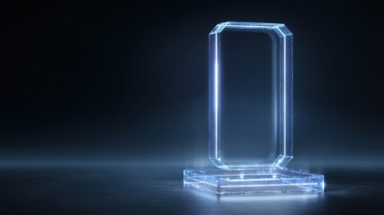 Poster - A futuristic transparent digital smartphone stands on a glowing platform against a dark background, futuristic phone holder