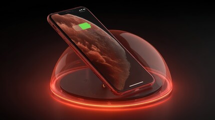 Poster - A smartphone is wirelessly charging inside a futuristic red-glowing dome on a dark background, futuristic phone holder