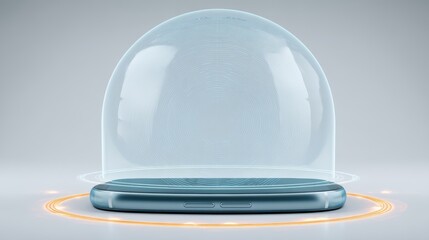 Poster - A smartphone protected by a digital holographic dome, symbolizing security and advanced technology in a futuristic setting, futuristic phone holder
