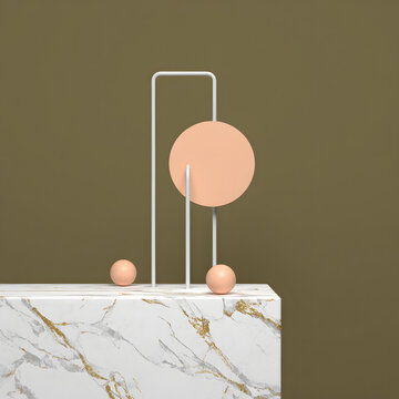 Geometric Still Life Composition with Marble Podium and Spheres A Study in Modern Art and Design Featuring Abstract Shapes and Textures Against a Solid Background in a Contemporary Style