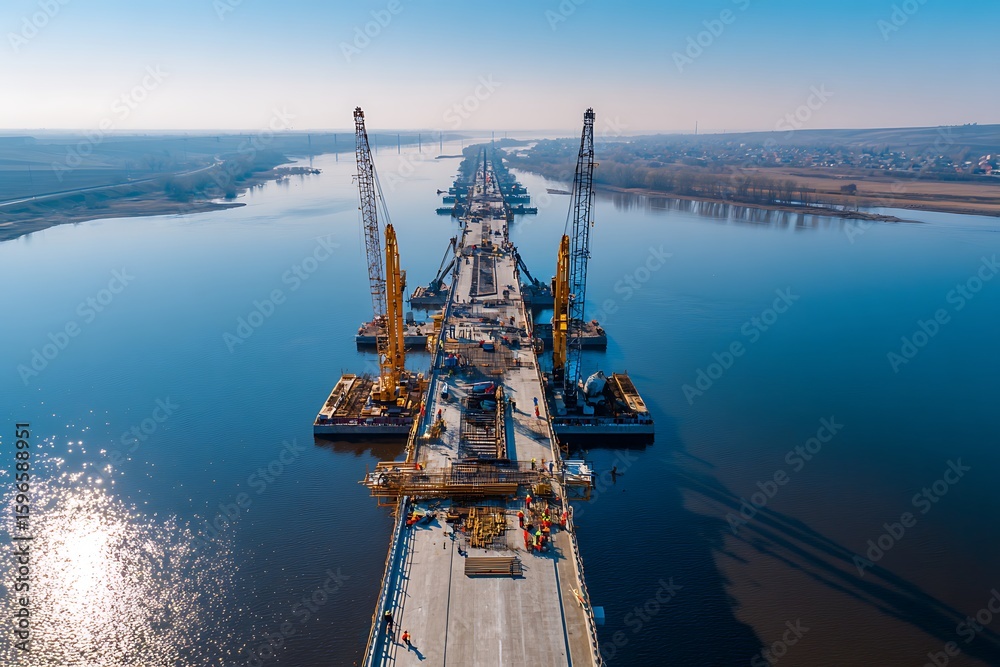 Highway Bridge Under Construction Over A River. Several Cranes Are ...
