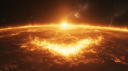Poster - Stunning View of the Sun from Space: Orange and Yellow Glowing Orb over a Dark Planet