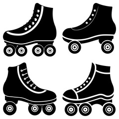 Fototapete - Illustration of four black roller skates with laces and wheels arranged in a square formation on white background