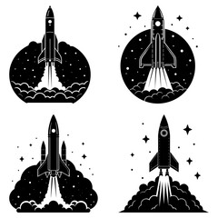 Poster - Four black and white rocket launches with stars and smoke in a vector graphic illustration set design