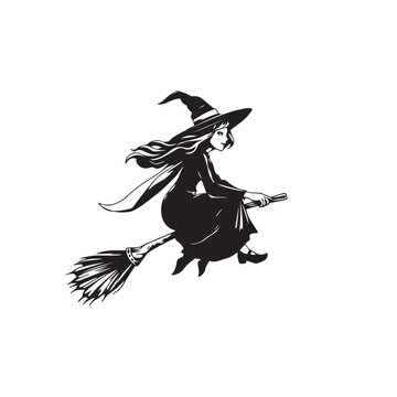 Witch on broom flying vector design concept black and white illustration.