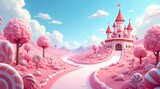 Charming pink castle illustration for princess. Fairytale fortress with towers under cloudy sky. Magical kingdom palace surrounded by pink trees. Art wallpaper.